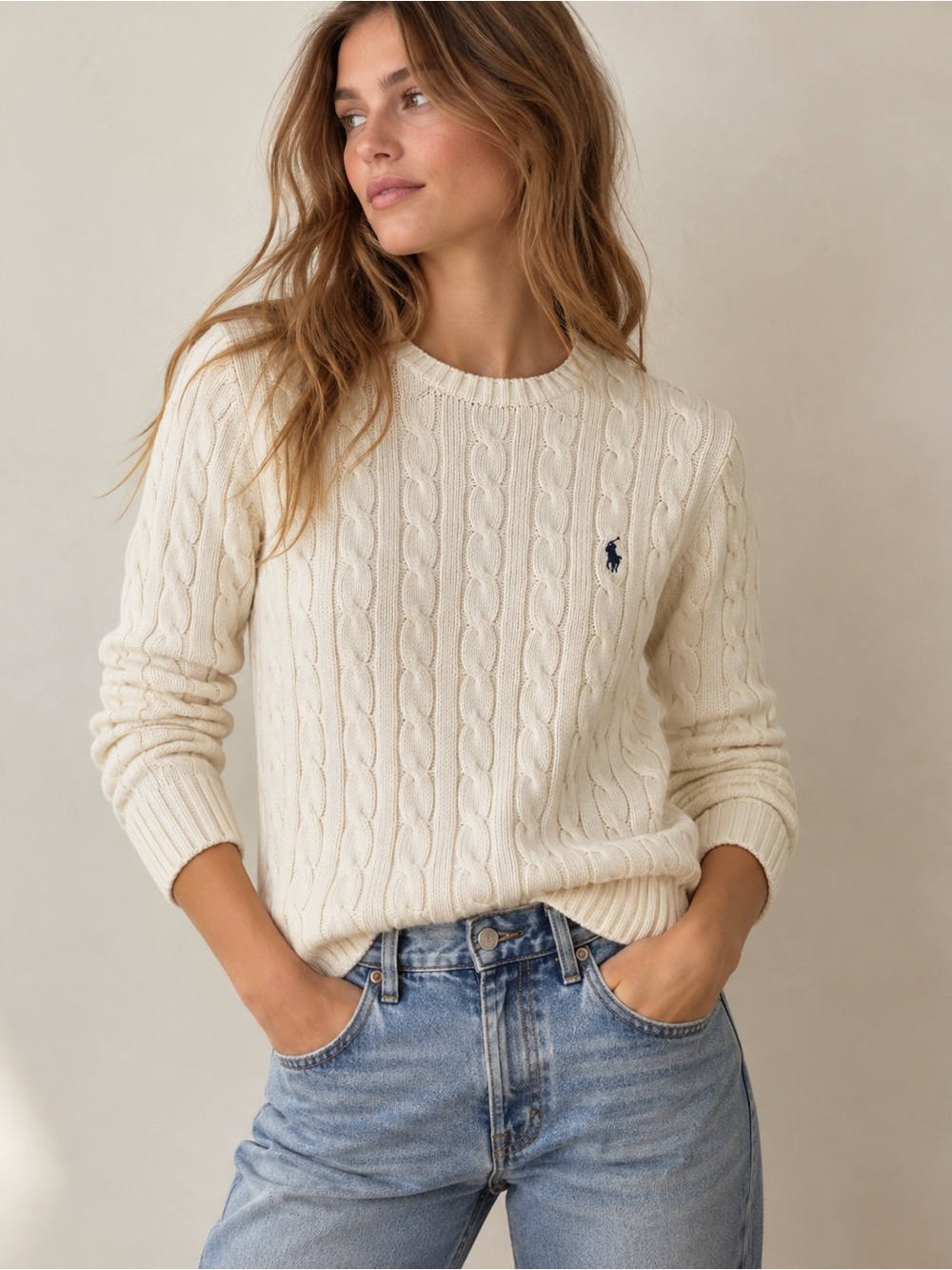 Ralph Lauren Sport Y2K Vintage Cable-Knit Crewneck Sweater Cream Small